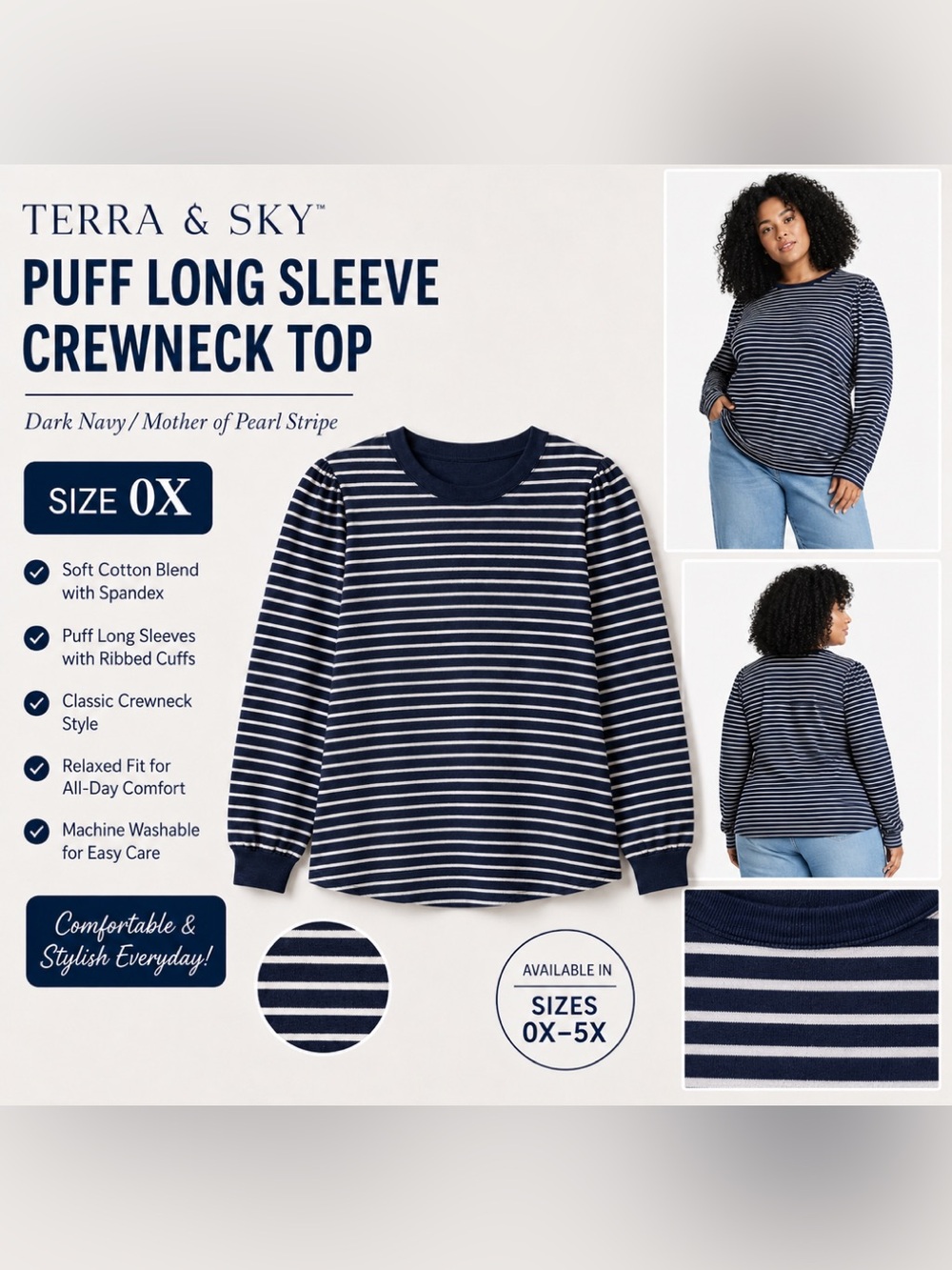 NWT Terra & Sky Puff Long Sleeve Crew Neck Top